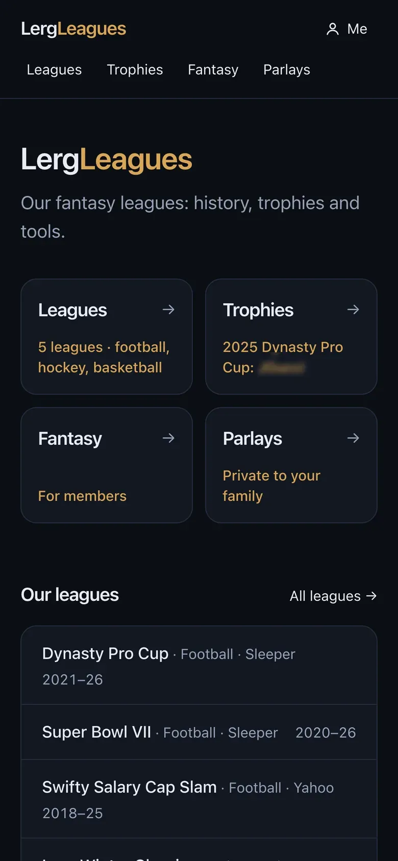The LergLeagues home page on a phone