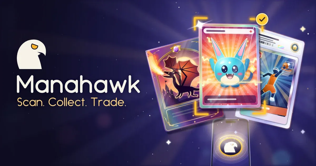 Manahawk social preview artwork with three cards above a scanning phone