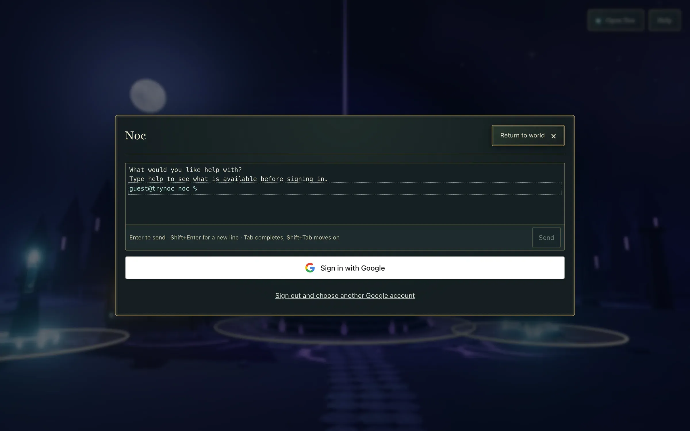 The Noc terminal open over the night world, with a Sign in with Google button